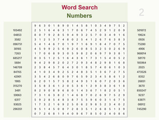 Word search puzzle vector (Word find game) illustration. Numbers