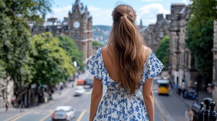 Fototapeta premium This vibrant image depicts a woman in a floral dress with a ponytail, standing on a bridge and overlooking a bustling city street, symbolizing freedom and exploration.