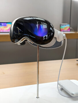 Apple Vision Pro Innovative augmented reality glasses displayed in a modern tech showroom