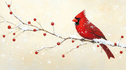   A painting depicts a cardinal perched on a tree's branch amidst red berries, while snowflakes fall softly on the surrounding foliage