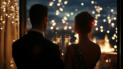 Couple watching fireworks toasting at midnight 