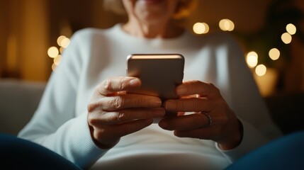 A senior woman in a white sweater interacts with her smartphone, surrounded by the calming glow of festive lighting, highlighting a serene modern lifestyle.