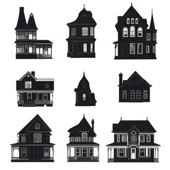 Fototapeta premium Black silhouettes of classic old American townhouses on white