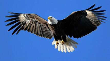 Obraz premium Bald eagle in a clear blue sky, wings spread and gliding