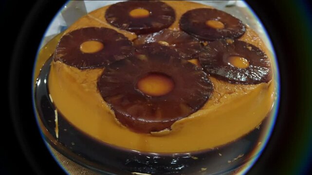 Flan pineapple ready to be cut and served to diners in a circle