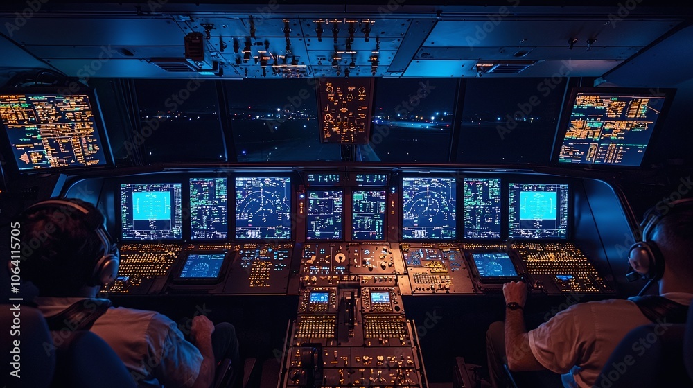 Poster flight control center illuminated at night with glowing screens and operational equipment