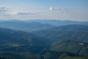 Carpathian Mountains and tree background. Mountains landscape. Alpine meadows and beautiful mountains. Forest background. Mountain landscape background. Touristic View of mountain. Nature background.
