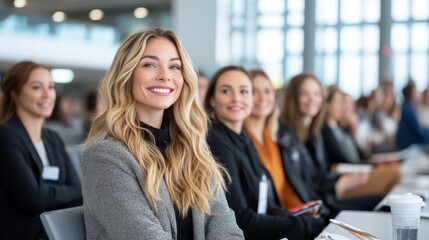 Obraz premium A confident woman with wavy blonde hair sits attentively in a seminar, ahead of colleagues, capturing professional growth and determination in a corporate workshop.
