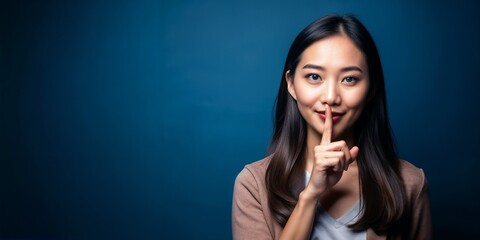 Fototapeta premium Young woman gesturing with finger on lips