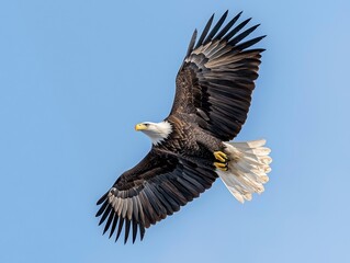 Obraz premium Bald eagle soaring high in the sky with wings spread wide