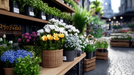 Obraz premium A bustling, outdoor flower market showcases a vivid display of diverse, colorful blooms, creating an enchanting and lively atmosphere on the cobblestone street.