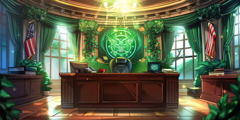 A powerful corporate office with a strong presence, characterized by green accents and opulent design, surrounding a commanding workstation.