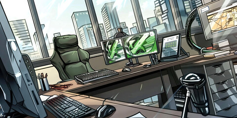 A powerful corporate office with a strong presence, characterized by green accents and opulent design, surrounding a commanding workstation.
