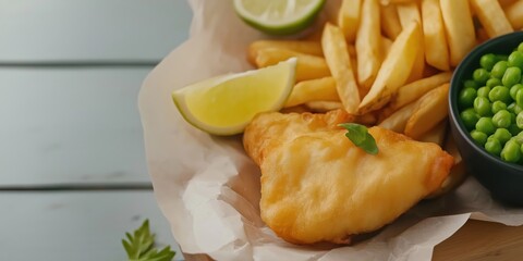 A battered fish and chips served with mushy peas