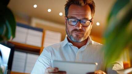A middle-aged man studies intently in his home office, absorbed in the content displayed on his tablet, with a sense of focus and calm in cozy light.