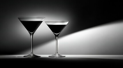   A few wine glasses sit atop a table adjacent to a wall with a cast light shadow