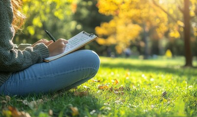 A person sits in nature, journaling thoughtful reflections using mental health prompts, focusing on the serene surroundings and their writing process