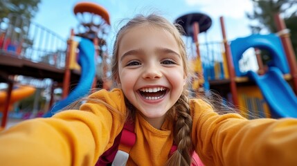A child captured mid-smile at a playground, exuding joy and liveliness. The vibrant play structures create a fun and welcoming atmosphere around them.