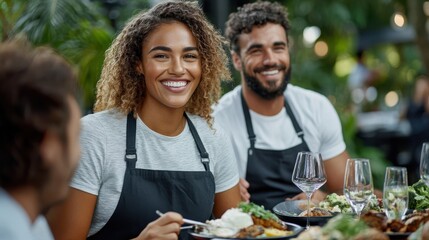 Smiling chefs wearing black aprons, sitting outdoors at a table, enjoying a delicious meal while surrounded by greenery and a convivial atmosphere.