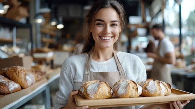 The vibrant bakery setting is complete with a joyous baker grinning wide as she displays a perfectly golden crusted loaf of sourdough bread on a platter.