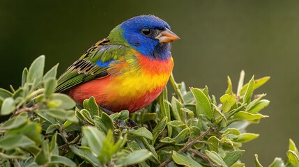 Obraz premium A colorful bird perches on a leafy tree branch in front of a hazy green background of foliage