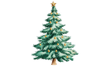 Fototapeta premium Christmas tree with ornaments, star, wreath on isolated background. Tree decorations in gold, colorful, abstract style. Simple, cute, illustration of Christmas fir tree. Isolated on transparent PNG.