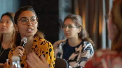 Young professional engaged in interactive business conference discussion