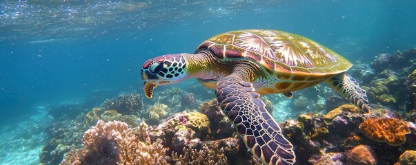 Fototapeta premium Beautiful green sea turtle swimming over coral in clear water