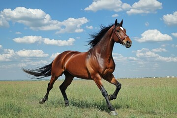 Beautiful horse galloping across an open field under sunny skies