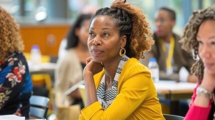 Focused woman in yellow attentively listening during group seminar