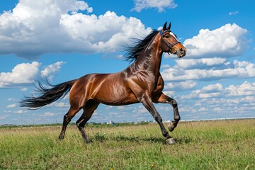 Obraz premium Beautiful horse galloping across an open field under sunny skies