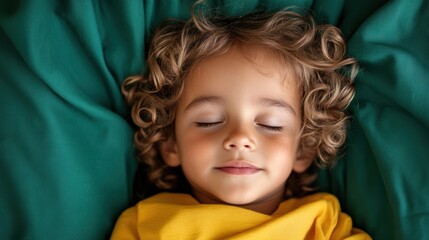 A young boy with curly hair rests beneath a green blanket and golden light, exemplifying warmth and purity, as he drifts merrily into playful dreams.