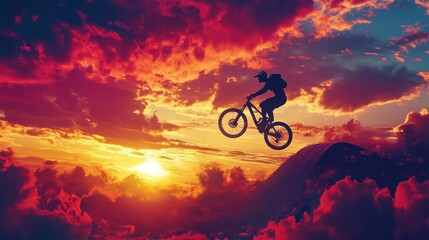 Obraz premium Silhouette of a mountain biker jumping over a hill against a fiery sunset sky.