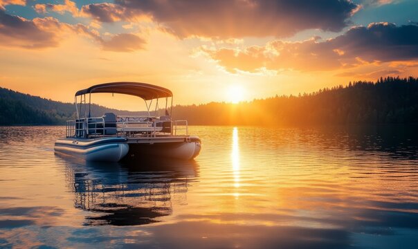 A pontoon boat sailing on a lake with a stunning sunset, capturing the idyllic and peaceful nature of a quiet evening on the water