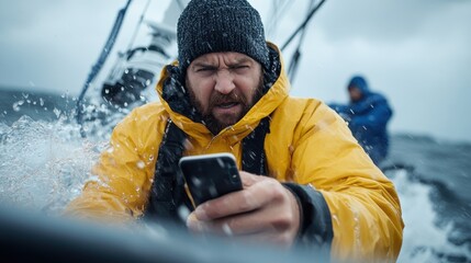 This image captures a determined sailor in a bright yellow outfit as he faces fierce ocean waves, clutching his phone, illustrating strength and perseverance.