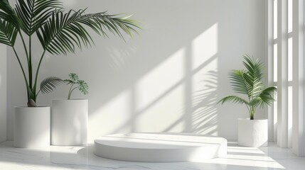 Obraz premium Geometric platform, minimalist white space, cylinder podium, palm leaf shadows, modern display