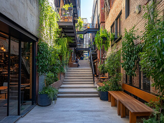 Fototapeta premium retail street with grand stair and seating area, green plants, retail atmosphere, stores and restaurants
