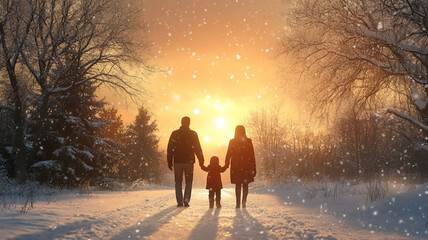 Fototapeta premium Family walking through a snowy park holding hands during sunset 