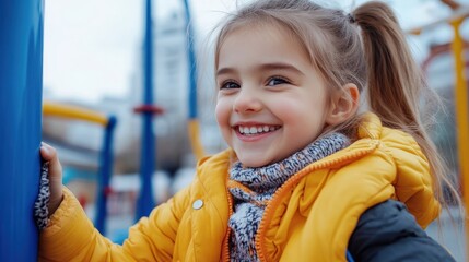 A cheerful young girl, clad in a vibrant yellow jacket, grins widely while enjoying the dynamic atmosphere of a vivid and lively playground setting.