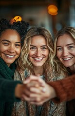 Obraz premium Three Diverse Business Women United in Team Building Activity at Office