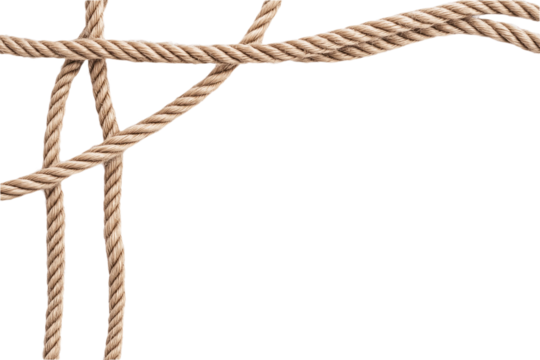Close-up of rope with intricately woven fibers on isolated transparent background. Brown fibers, texture, depth. Slightly off-center position creates dynamic composition. Alpha mask cut out png.
