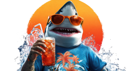 Cheerful Shark in Sunglasses Sips Tropical Drink at Beach Generative AI