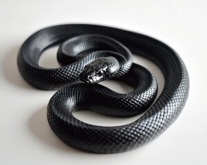 Obraz premium Black snake elegantly coiled on a plain white background