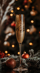 A stylish champagne flute sits elegantly on a table, surrounded by festive ornaments and Christmas lights.