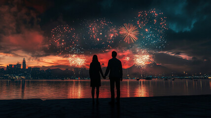 Couple watching fireworks holding hands at evening 