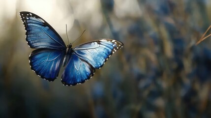 Blue butterfly in flight, full-body with intricate details