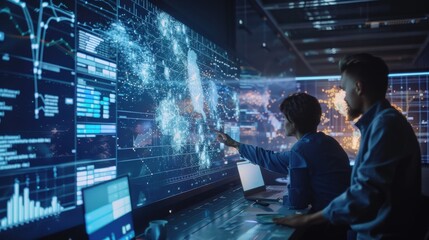 Group of data analysts examining a dataset, with graphs and charts on monitors