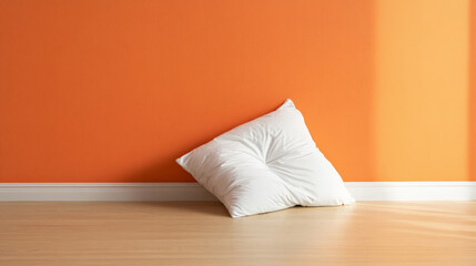 cozy, empty bedroom featuring large, soft white pillow against vibrant orange wall, creating warm and inviting atmosphere