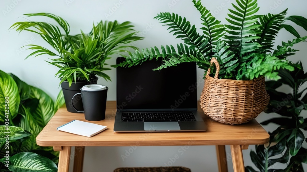 Poster create a serene minimal modern home office setup with a laptop notebook and lush green plants for in