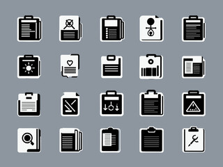 Clinical study icon collection set. Containing adverse event, baseline, double blind, blinding, case report form, endpoint, clinical trial icon. Simple flat vector illustration.